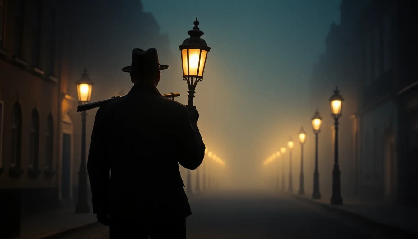 A filmed shot: the lamplighter on a gaslit street in fog